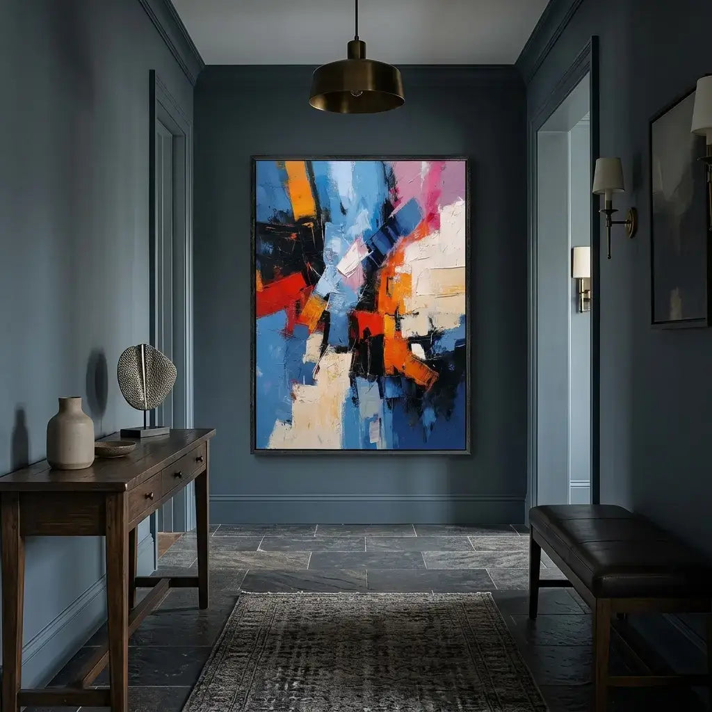 Modern interior hallway with abstract art on the wall