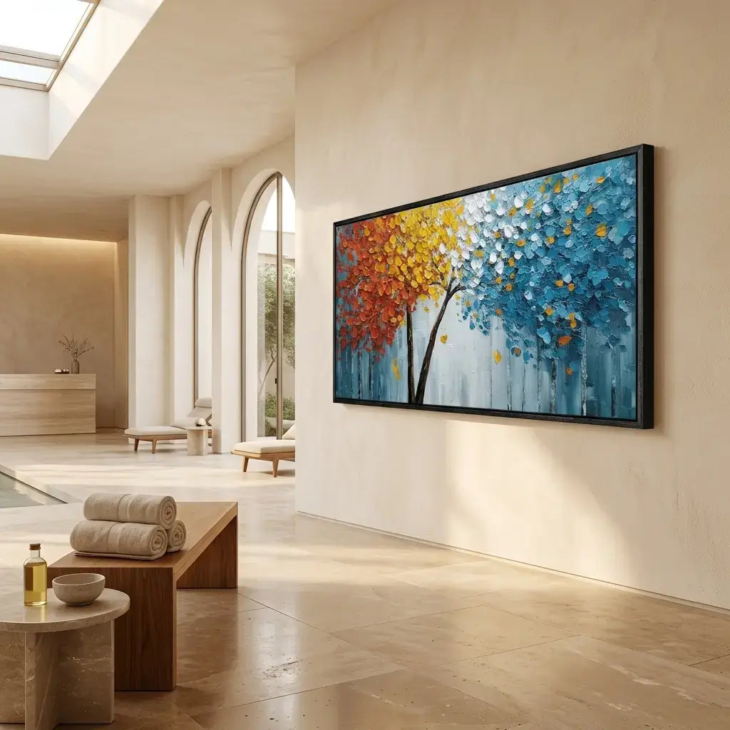 Colorful abstract painting on a wall in a modern interior setting
