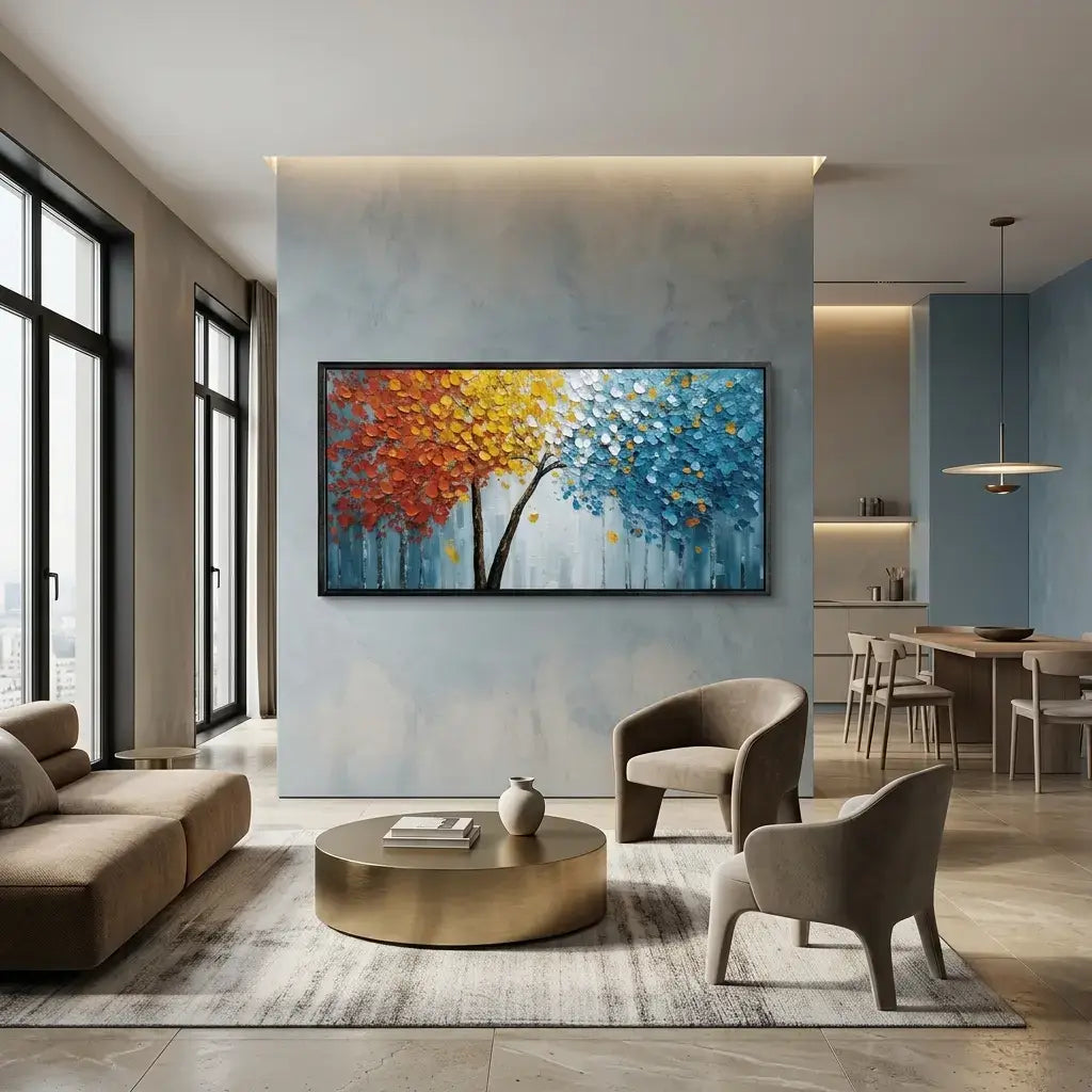 Modern living room with a colorful abstract painting on the wall