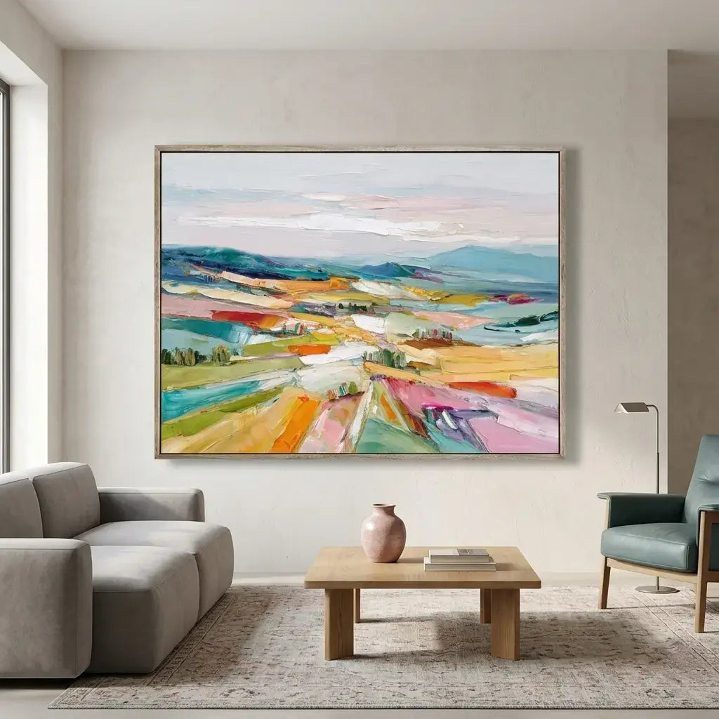 Living room with a colorful abstract painting on the wall, gray sofa, wooden coffee table, and vase.