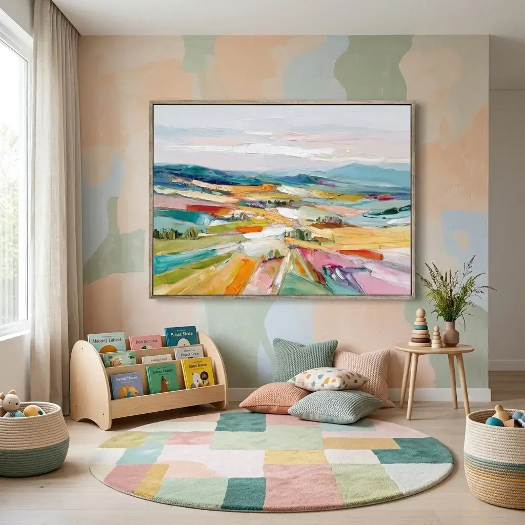 Children's room with colorful abstract painting, round rug, and toys.