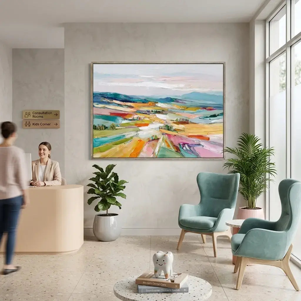 Modern interior with a colorful abstract painting on the wall, two blue chairs, and a reception desk.