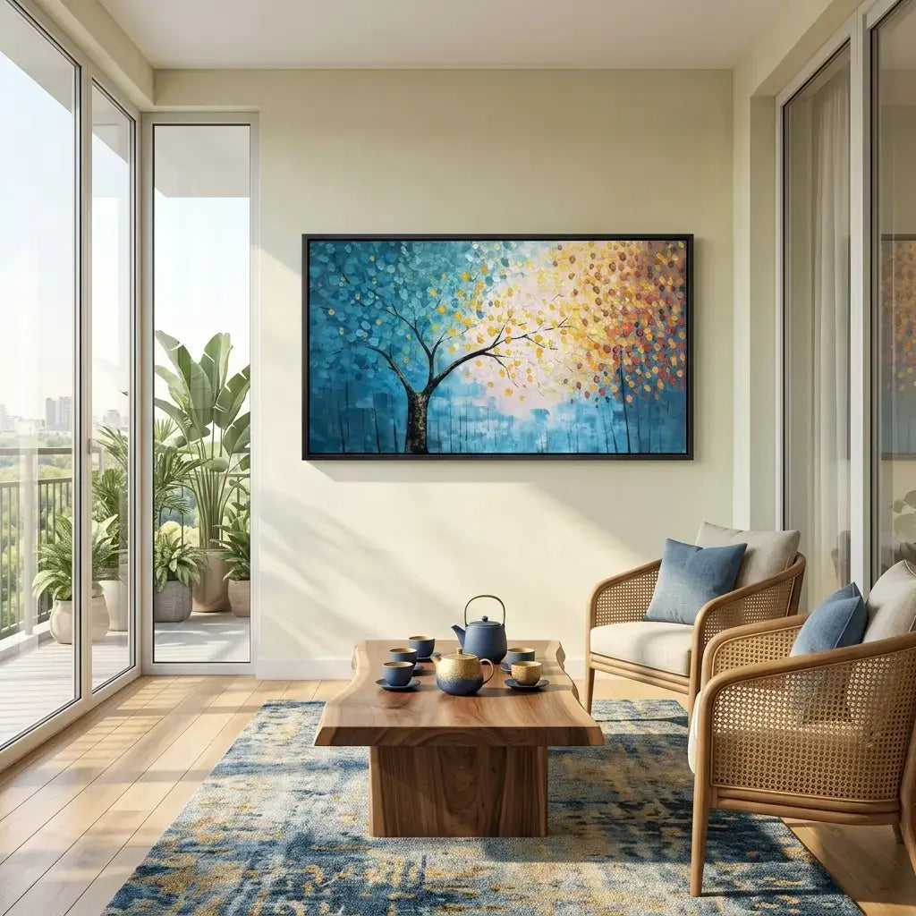 Modern living room with a colorful abstract painting on the wall, wooden coffee table, and wicker chairs.