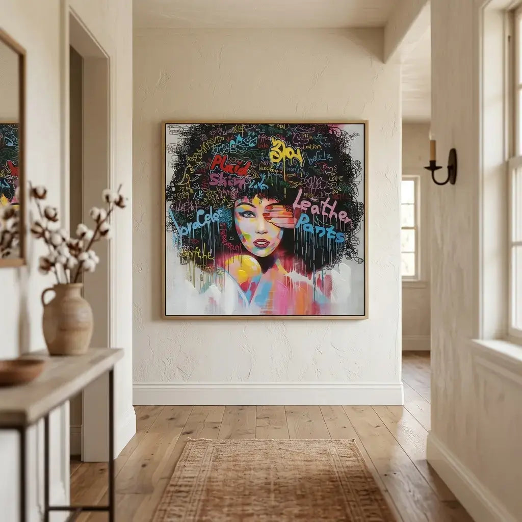 Colorful abstract painting of a woman's face with text in a modern hallway.