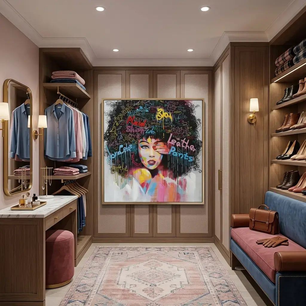 Modern walk-in closet with colorful artwork, shelves, and seating area.