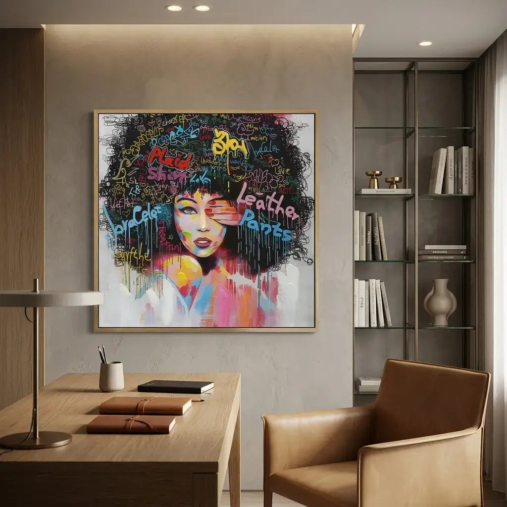 Modern interior with a colorful abstract painting of a woman's face on a wall above a desk.