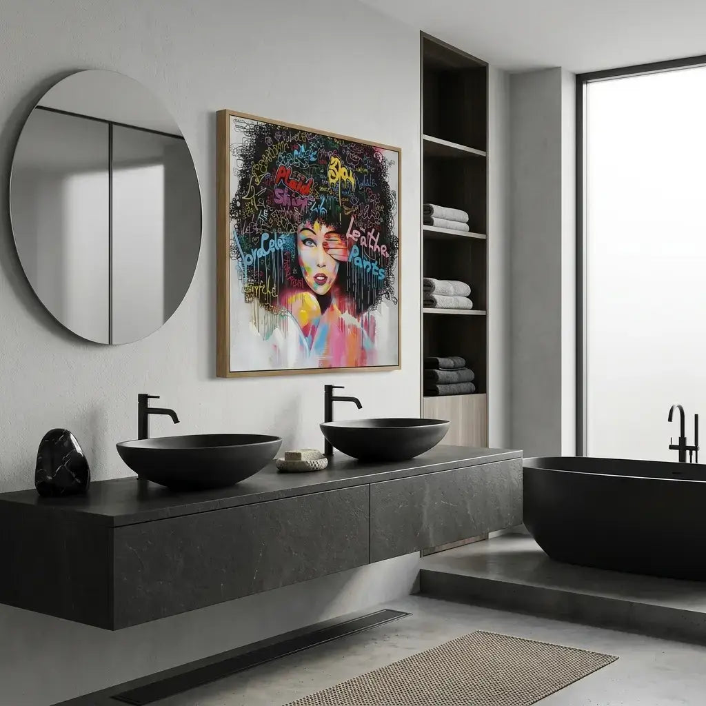 Modern bathroom with black sinks, bathtub, and decorative wall art.