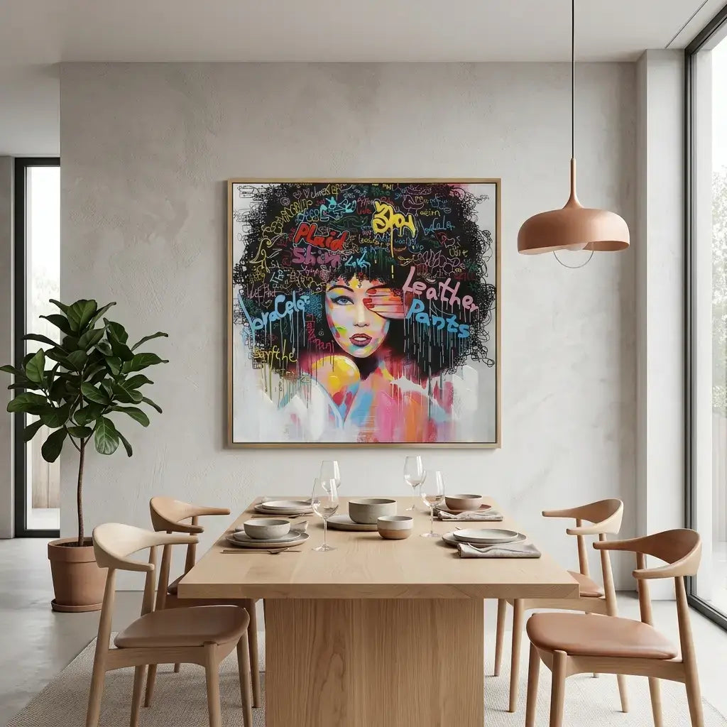 Dining room with a colorful abstract painting of a woman on the wall above a wooden table.