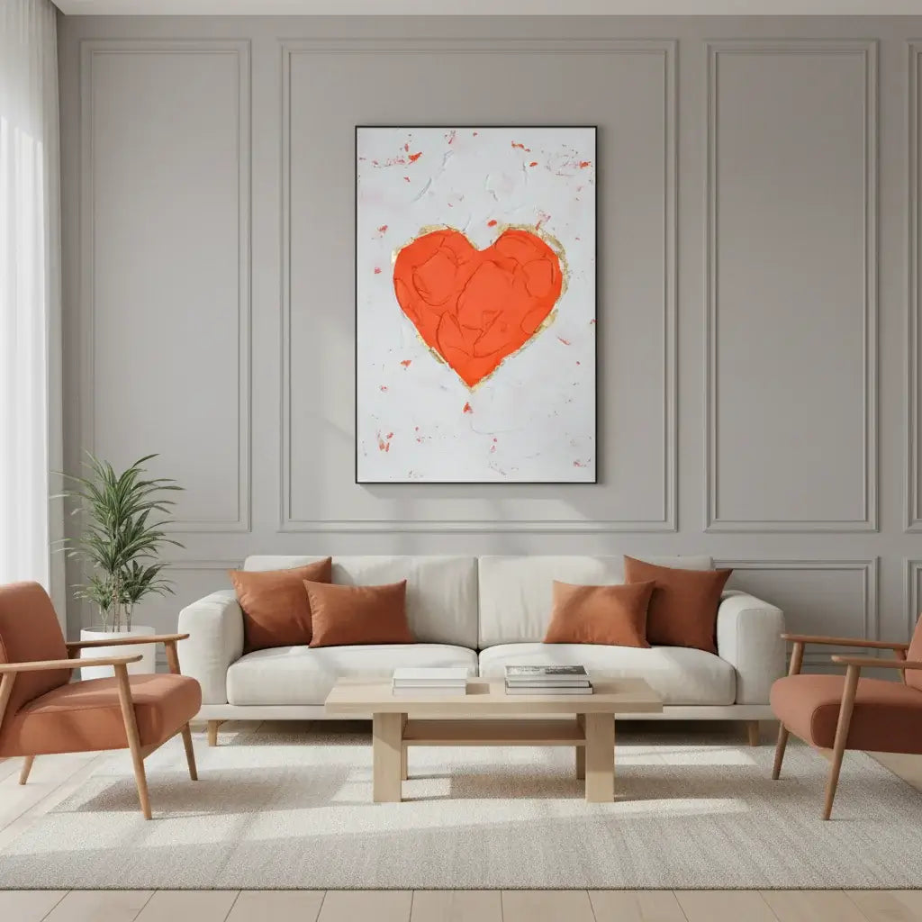 Modern living room with a white sofa, brown armchairs, and an orange-red heart painting on the wall.