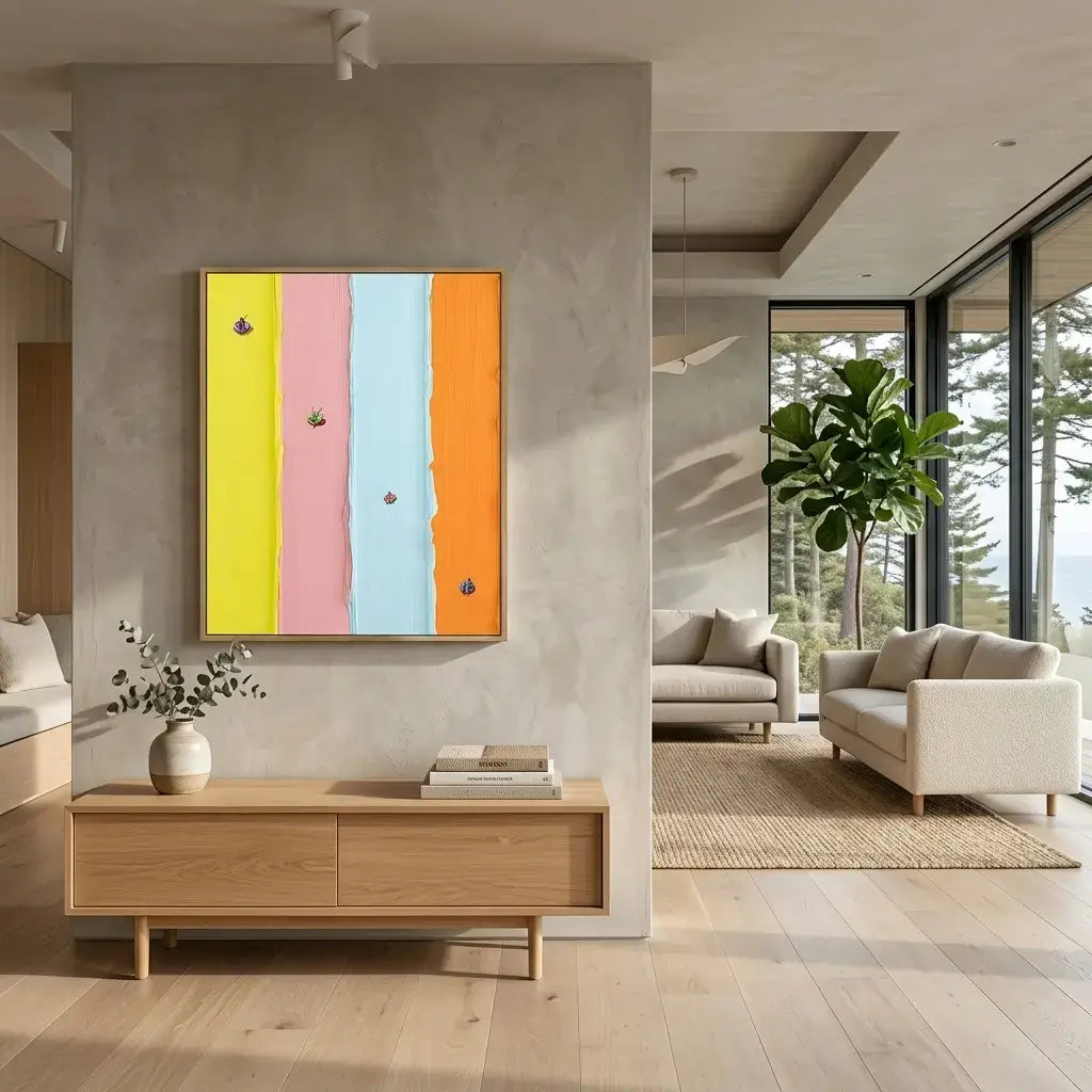 Modern living room with a colorful abstract painting on a gray wall.