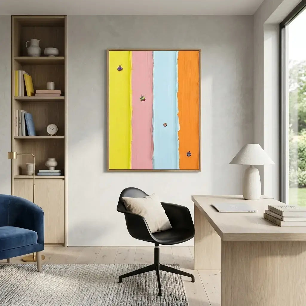 Modern office space with a colorful abstract painting on the wall, a desk, chair, and bookshelf.