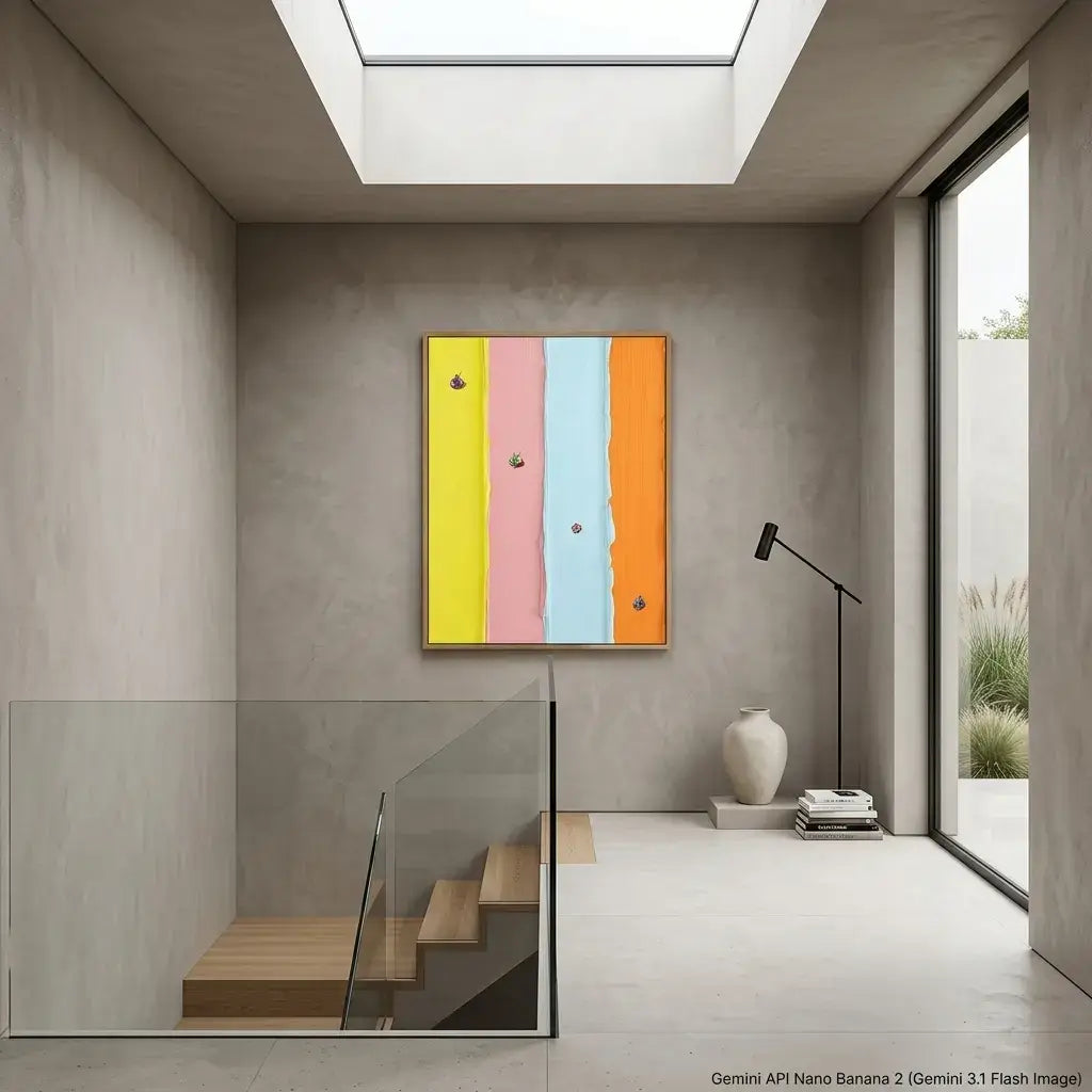 Modern interior with a colorful abstract painting on a gray wall.