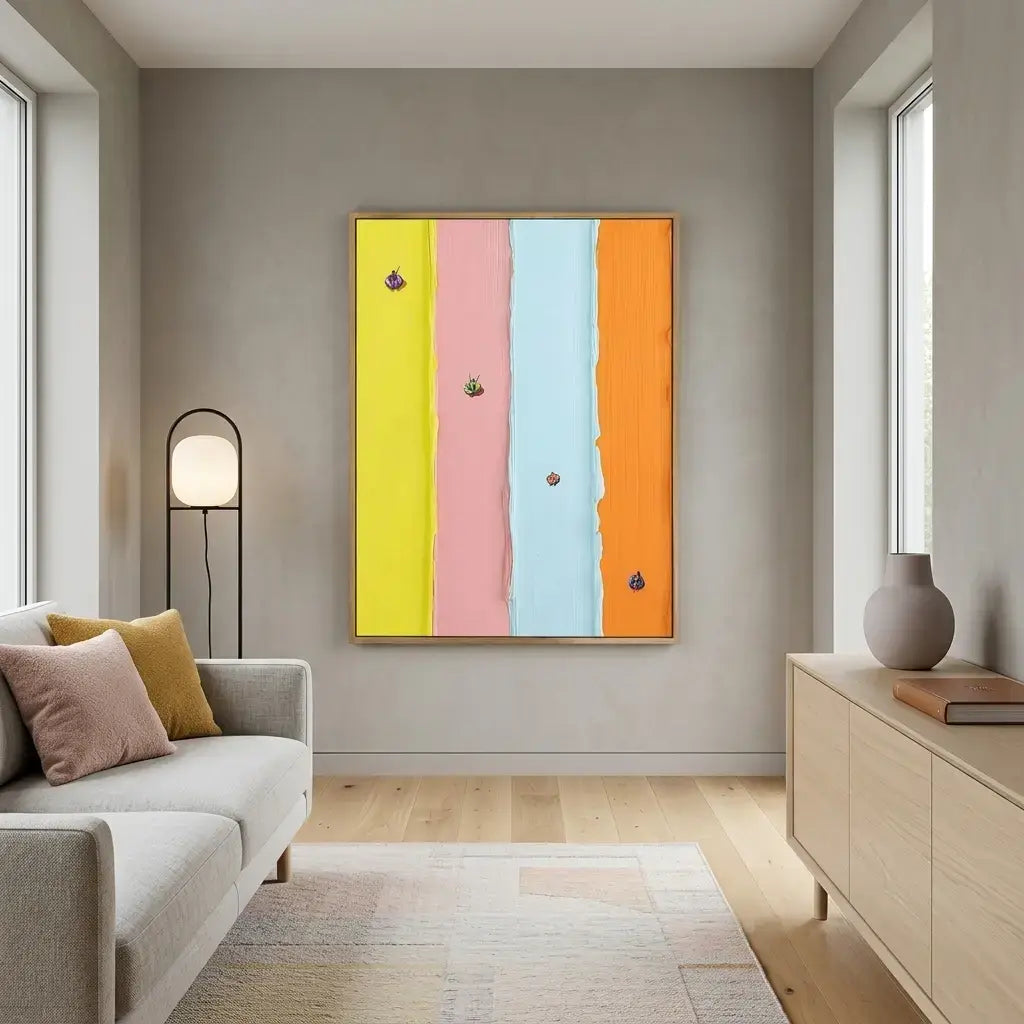 Modern living room with a colorful abstract painting on the wall.