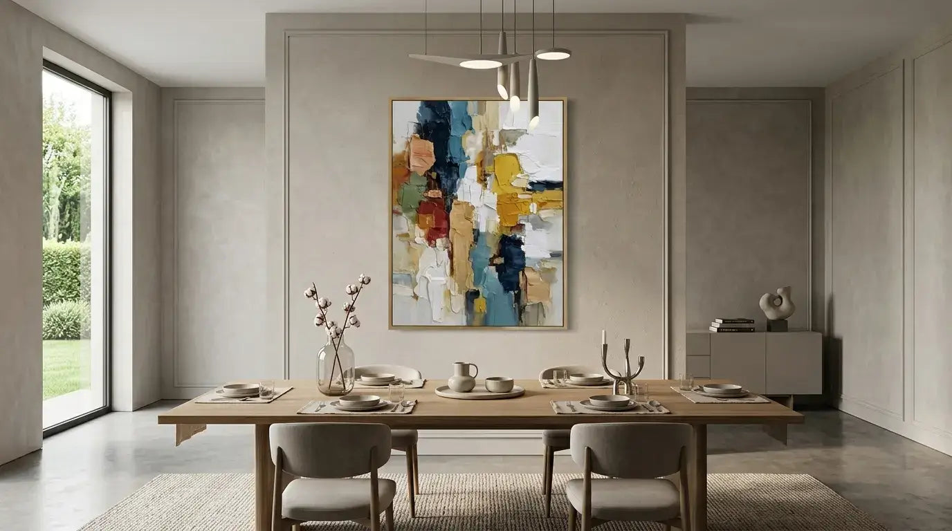 Modern dining room with a wooden table and chairs, abstract painting on the wall, and large windows.