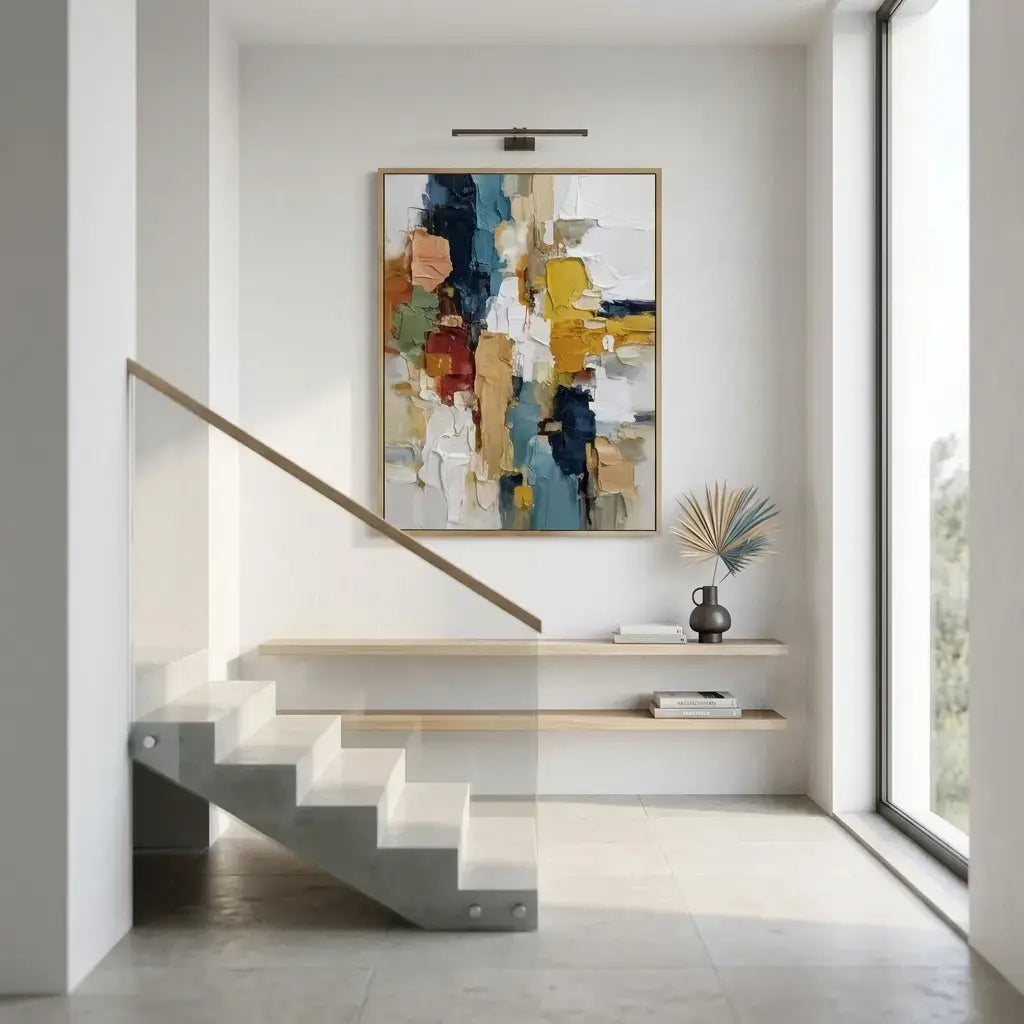 Modern interior with abstract art on a wall above a staircase