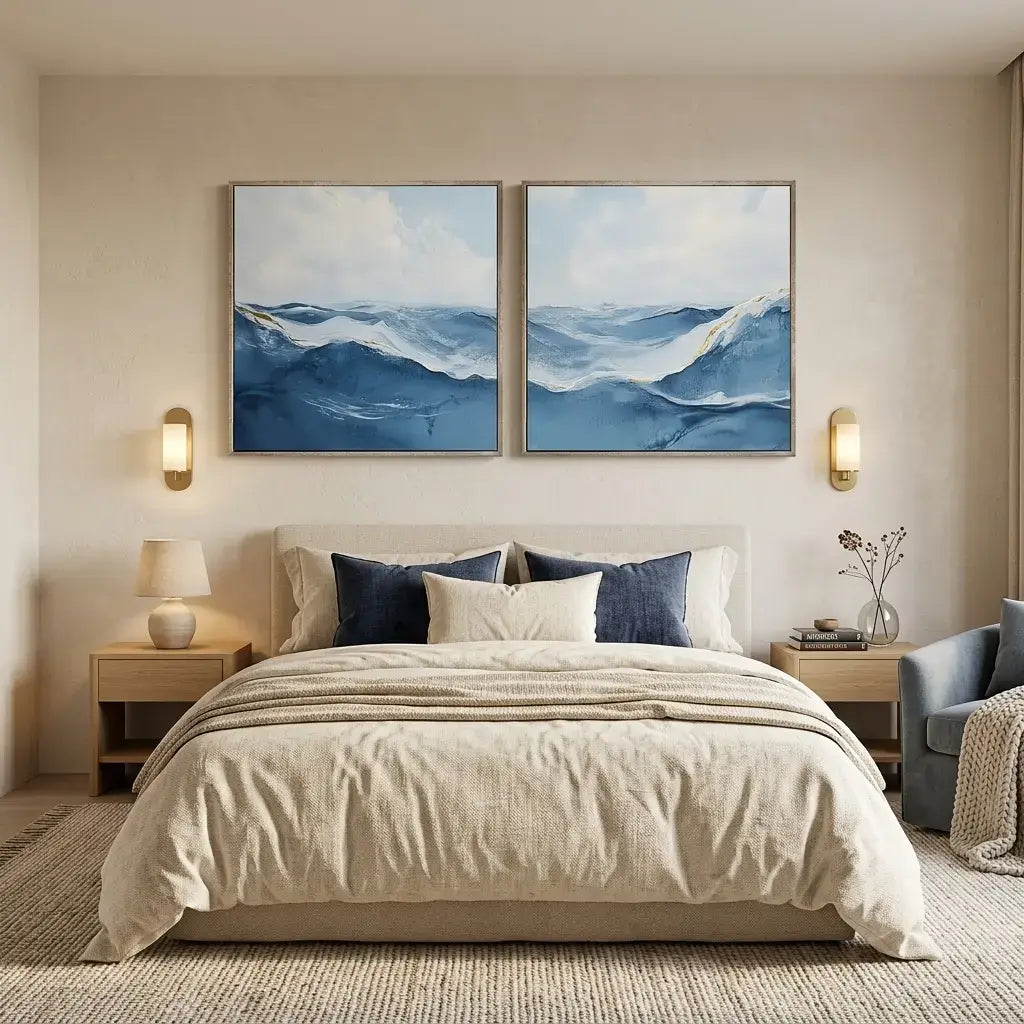 Modern bedroom with a bed, nightstands, and wall art of mountains.