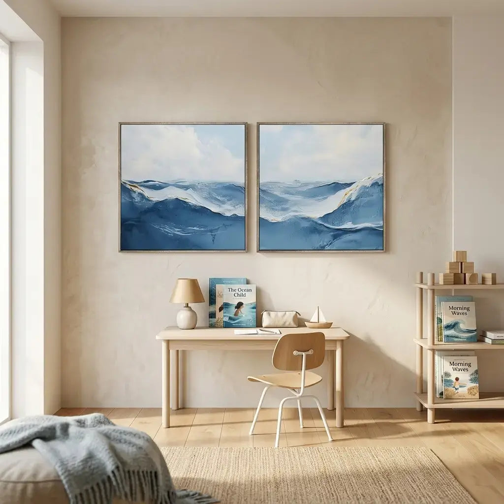Home office with two blue mountain paintings on the wall, a desk, chair, and decor items.