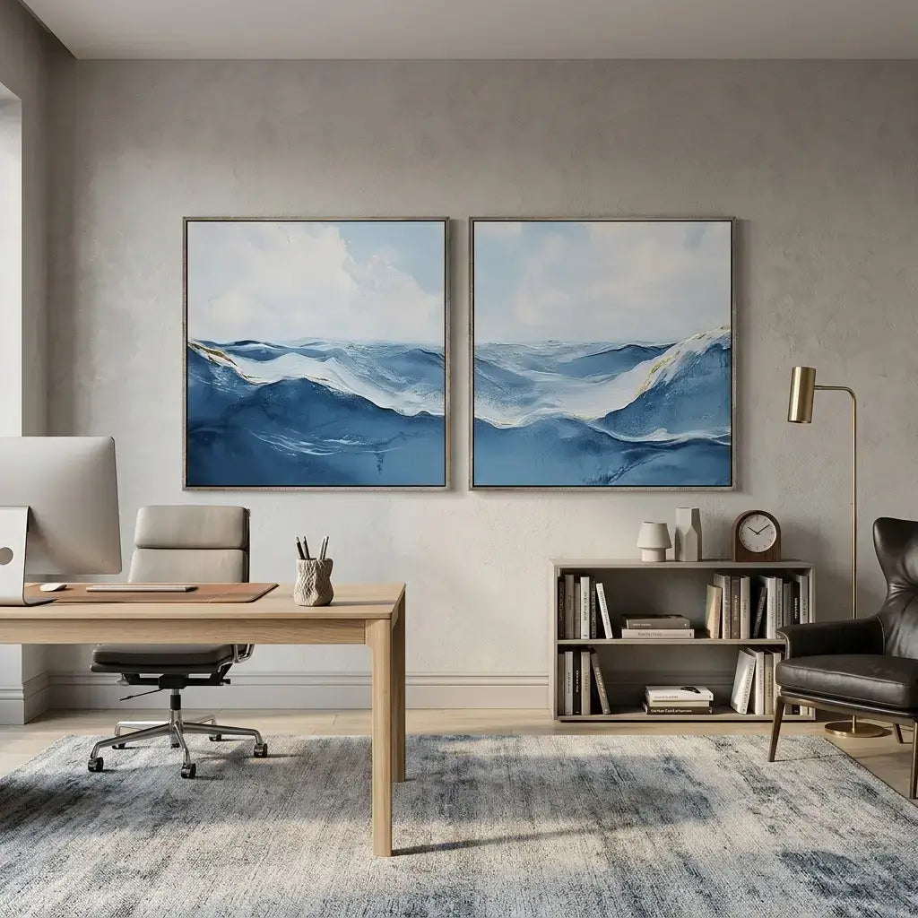 Modern office with a desk, chair, and wall art depicting blue waves.