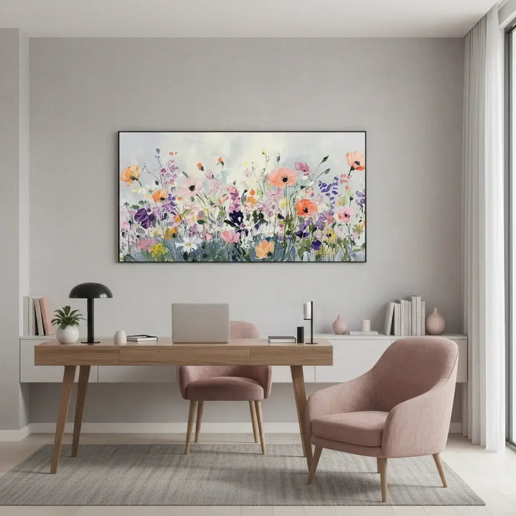 Modern home office with a desk, chairs, and a floral painting on the wall.