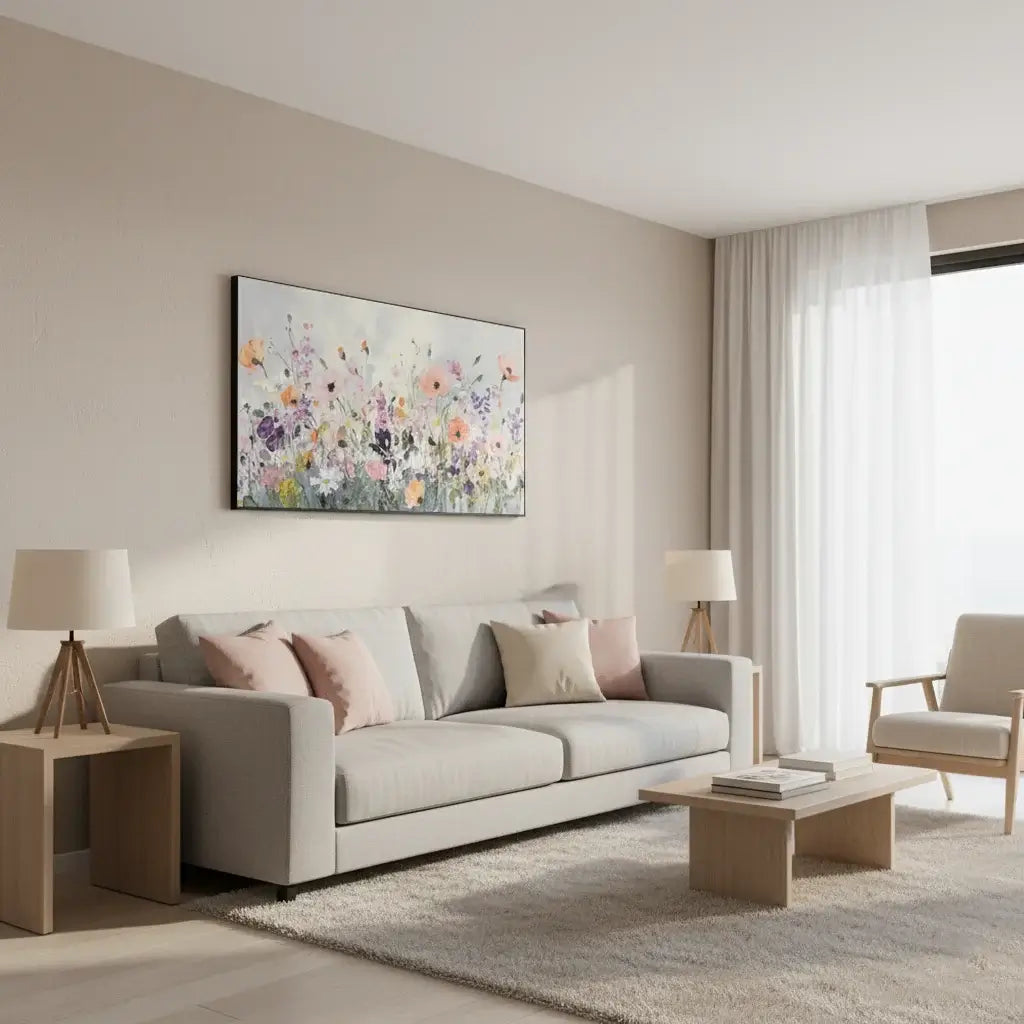 Modern living room with a floral painting, beige sofa, and wooden coffee table.