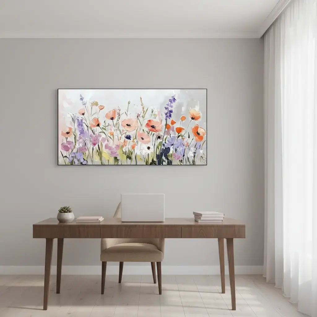 Floral painting on a wall above a wooden desk with a chair.