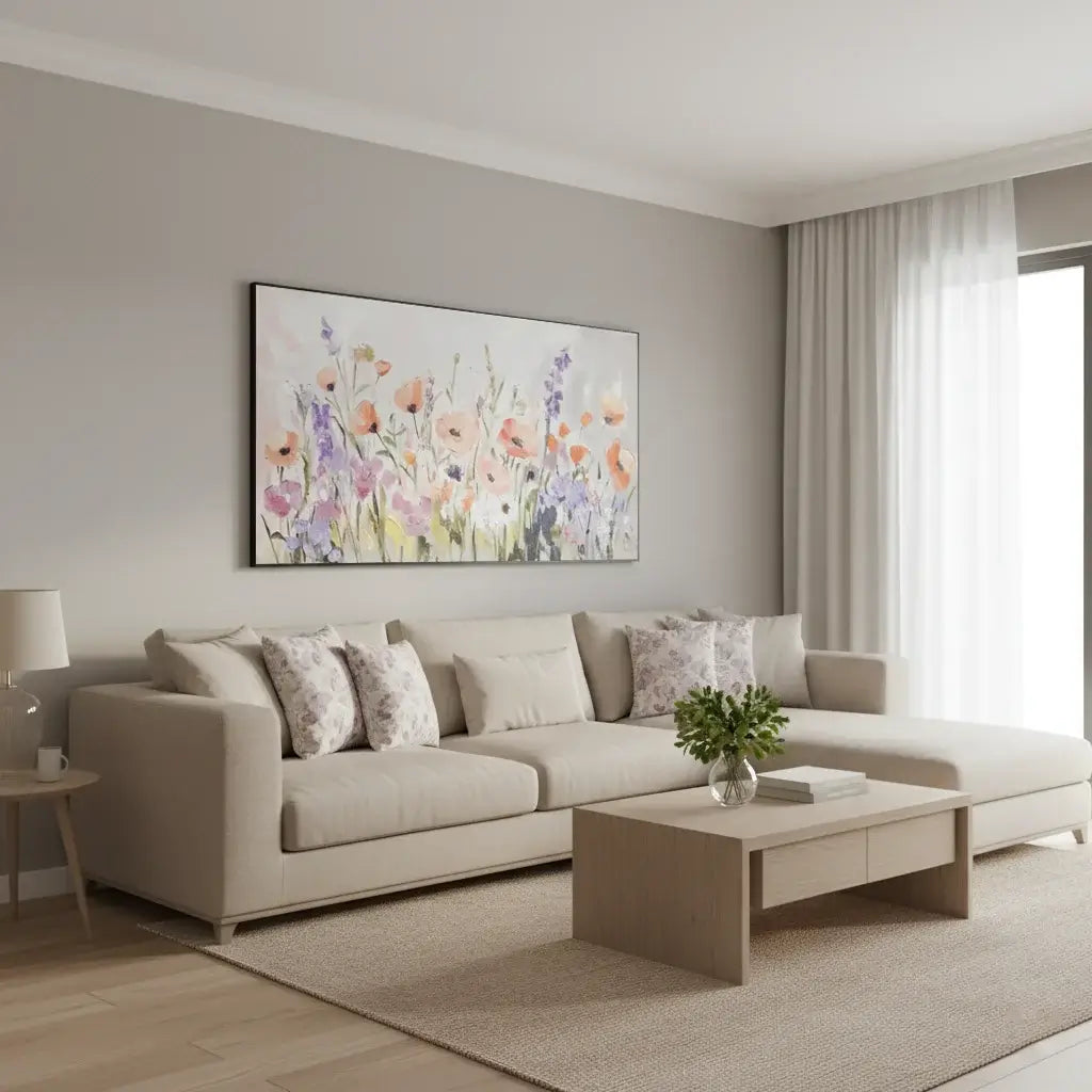 Living room with a beige sofa, coffee table, and floral artwork on the wall.