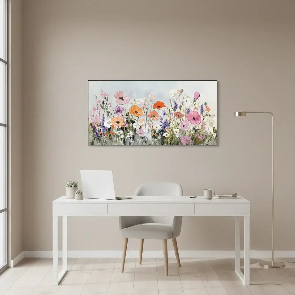 Floral painting on a wall above a desk in a home office setting