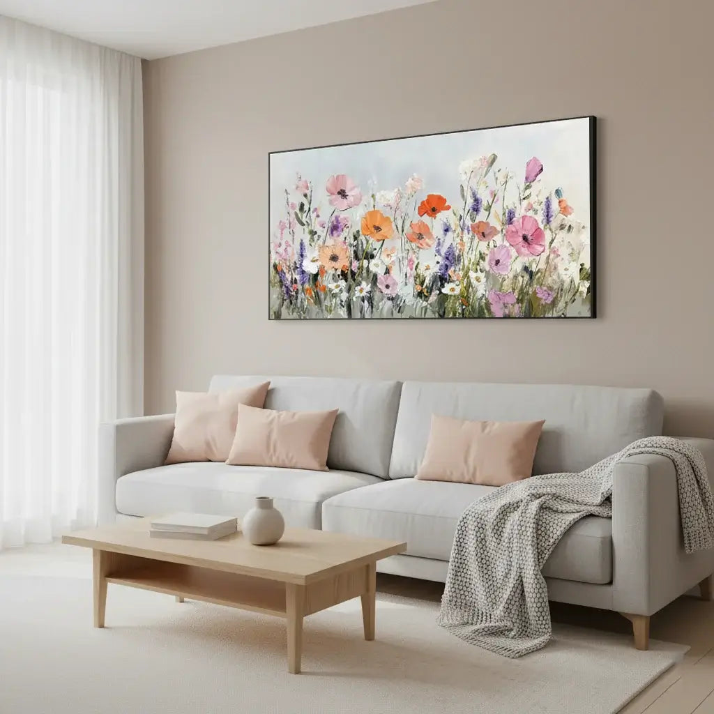 Living room with a gray sofa, wooden coffee table, and floral painting on the wall.