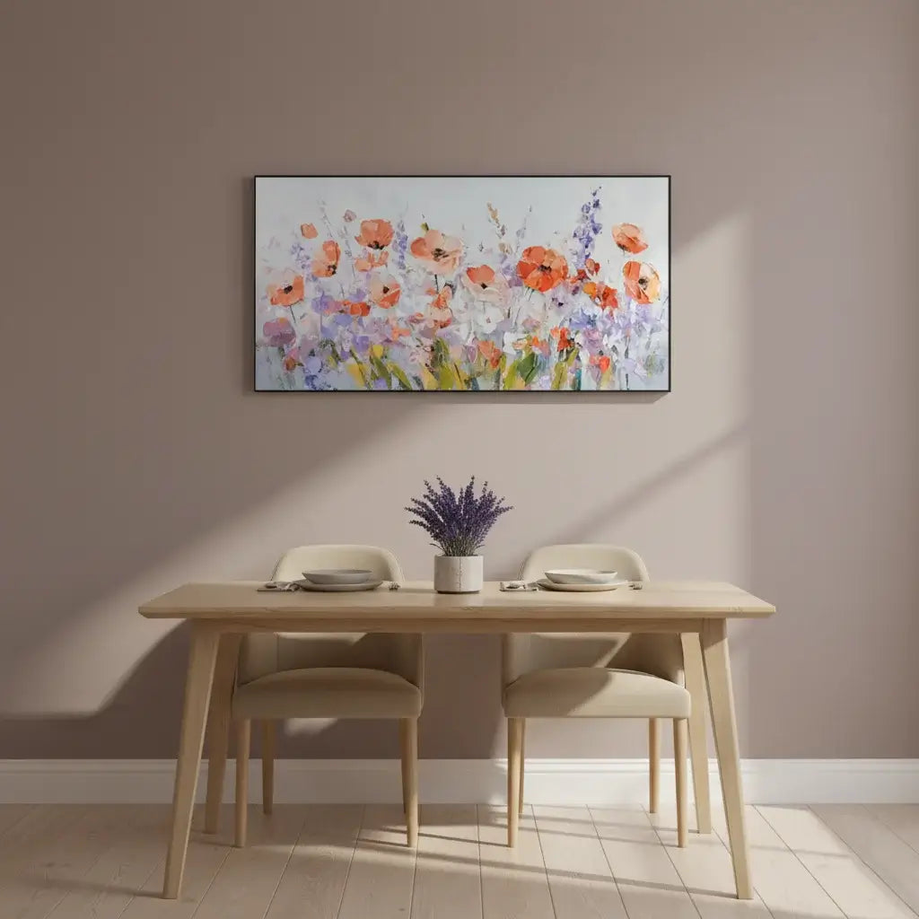 Dining room with a wooden table and chairs, and a colorful floral painting on the wall.