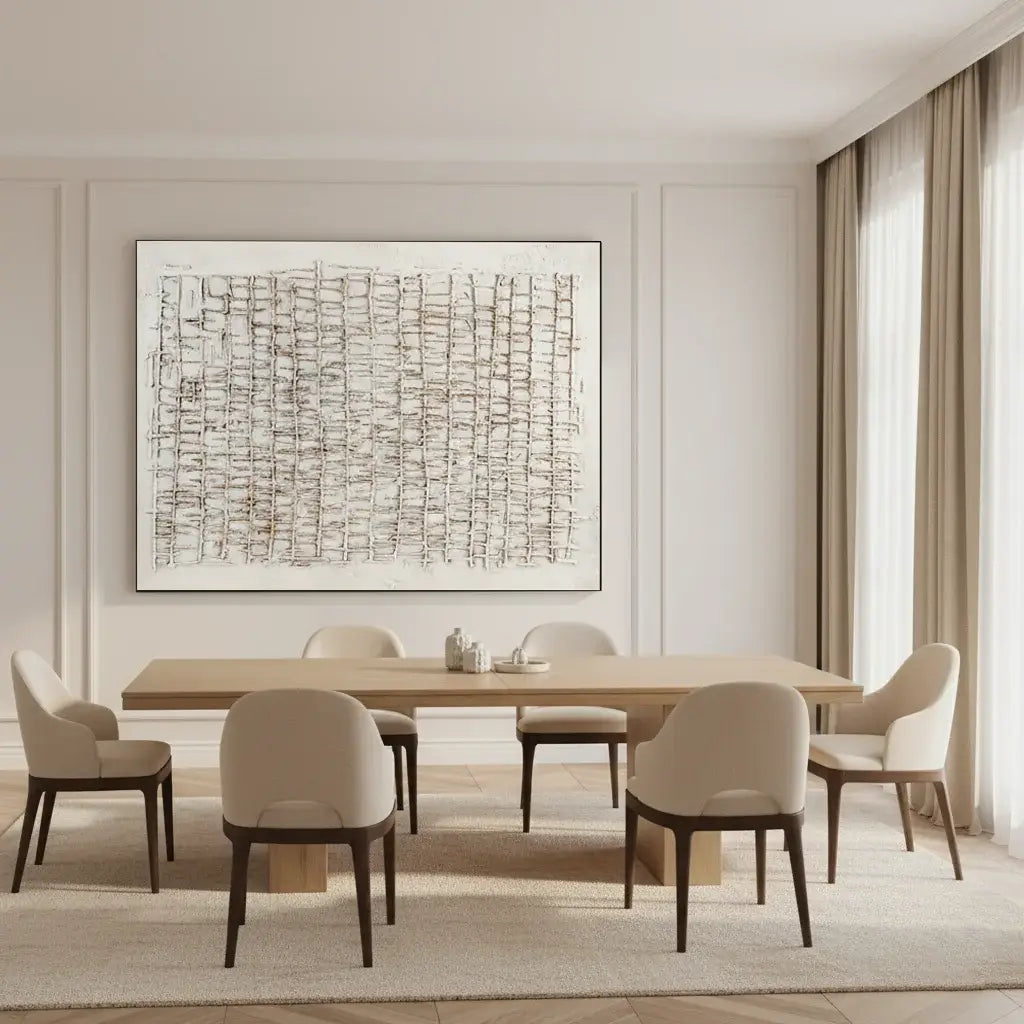 Dining room with a wooden table and chairs, framed artwork on the wall, and large windows.