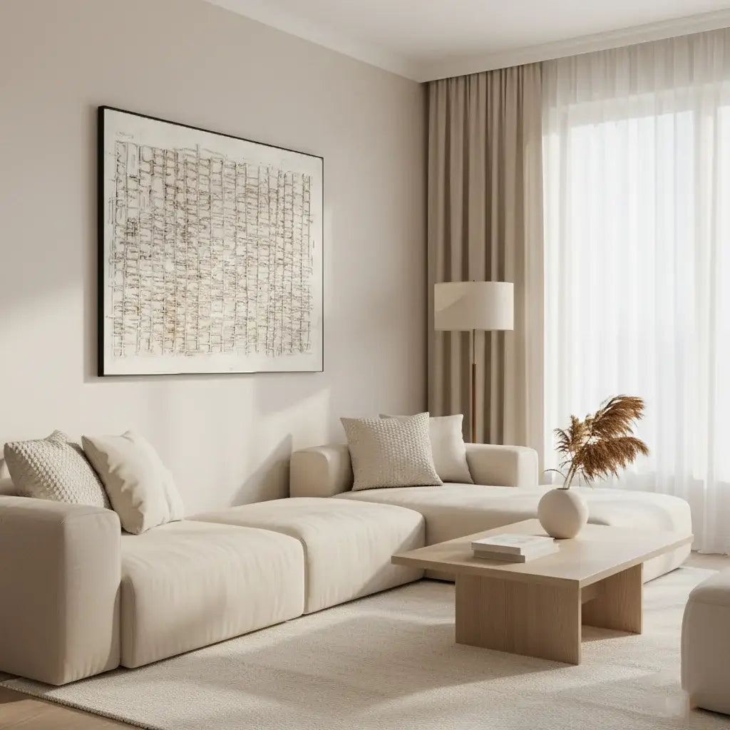 Modern living room with beige sofa, coffee table, and a wabi sabi textured oil painting on the wall.