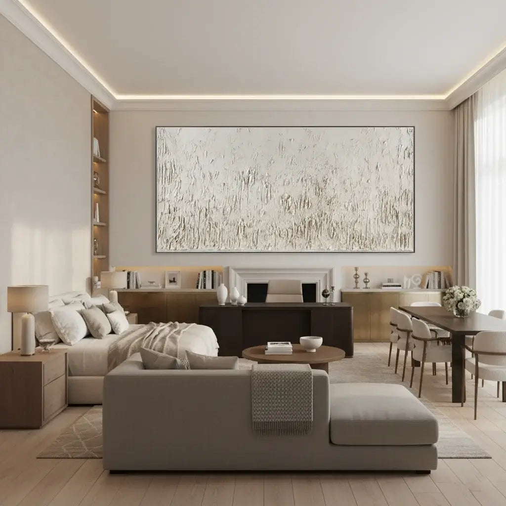 Modern living room with a large abstract painting on the wall, comfortable furniture, and a dining area.