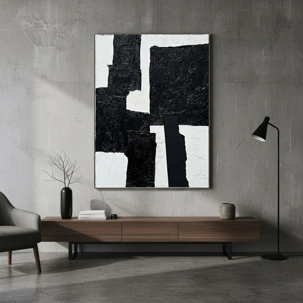 Abstract black and white painting on a gray wall above a wooden console table.