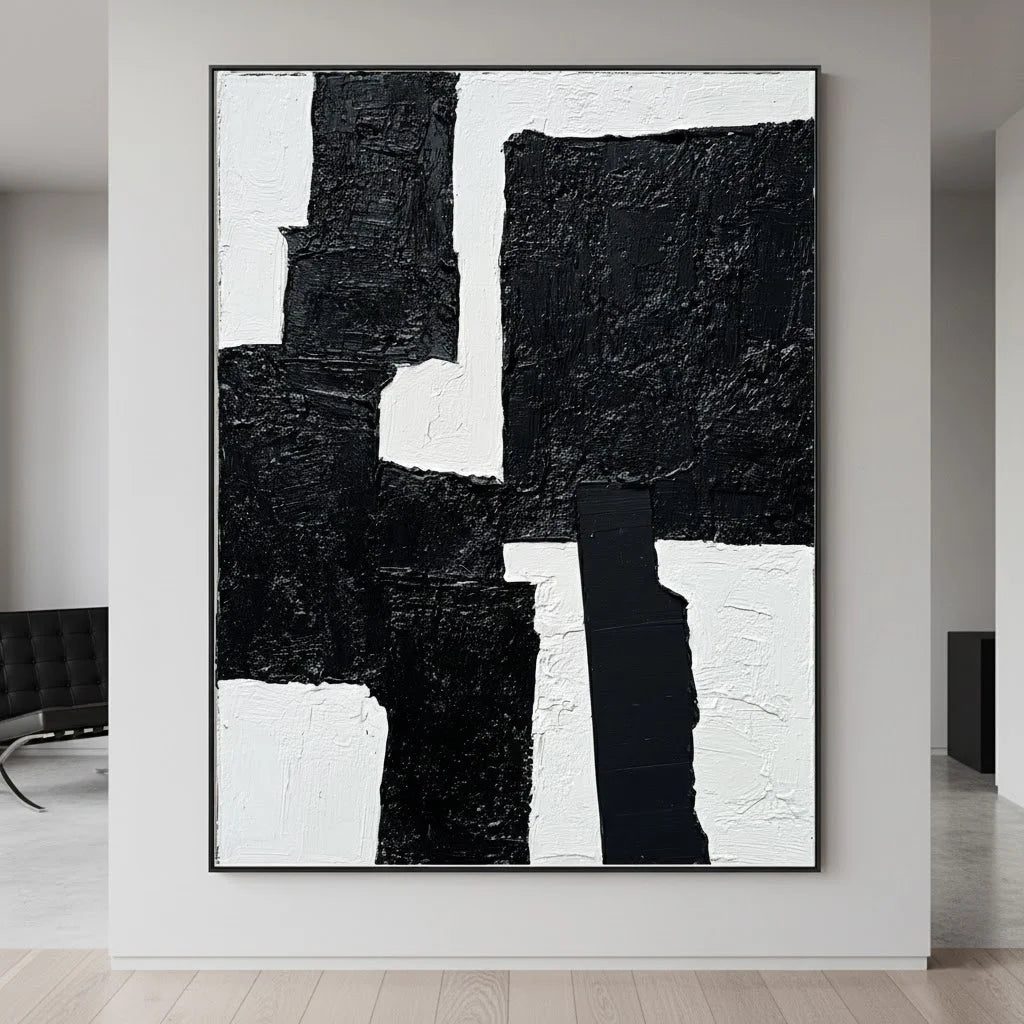 Abstract black and white painting on a wall in a modern room.