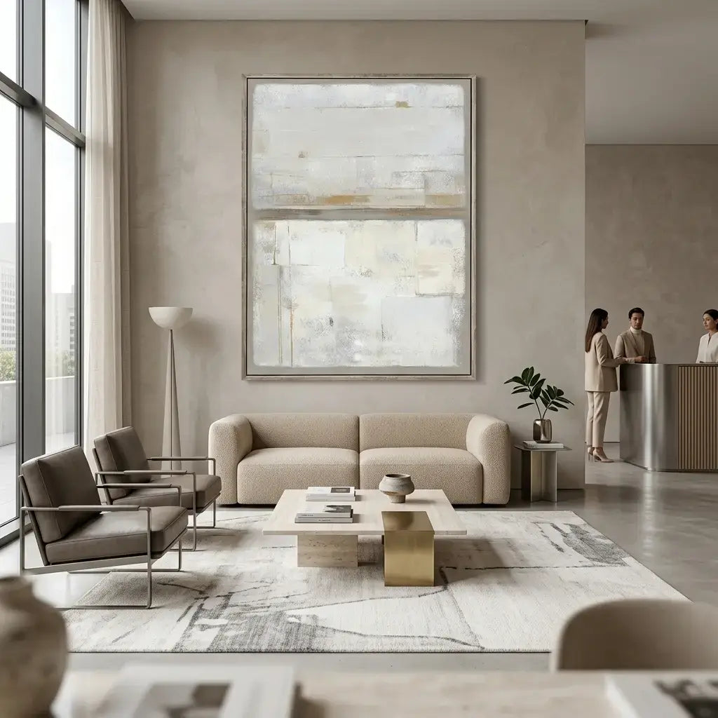 Modern living room with beige sofa, coffee table, and abstract art on wall.