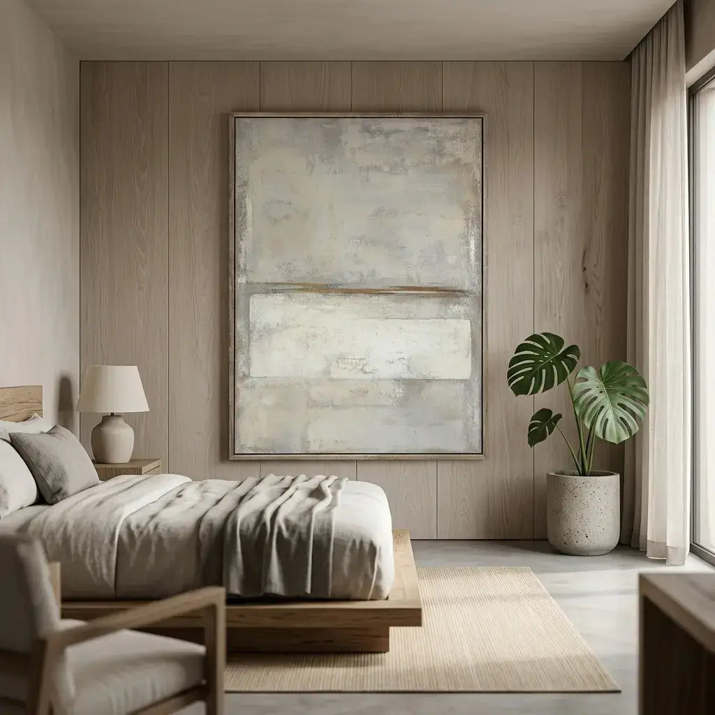 Modern bedroom with abstract painting, bed, and plant