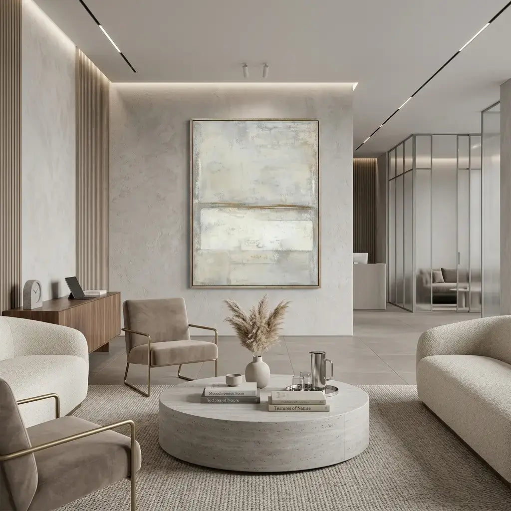 Modern living room with neutral tonal furniture and decorations