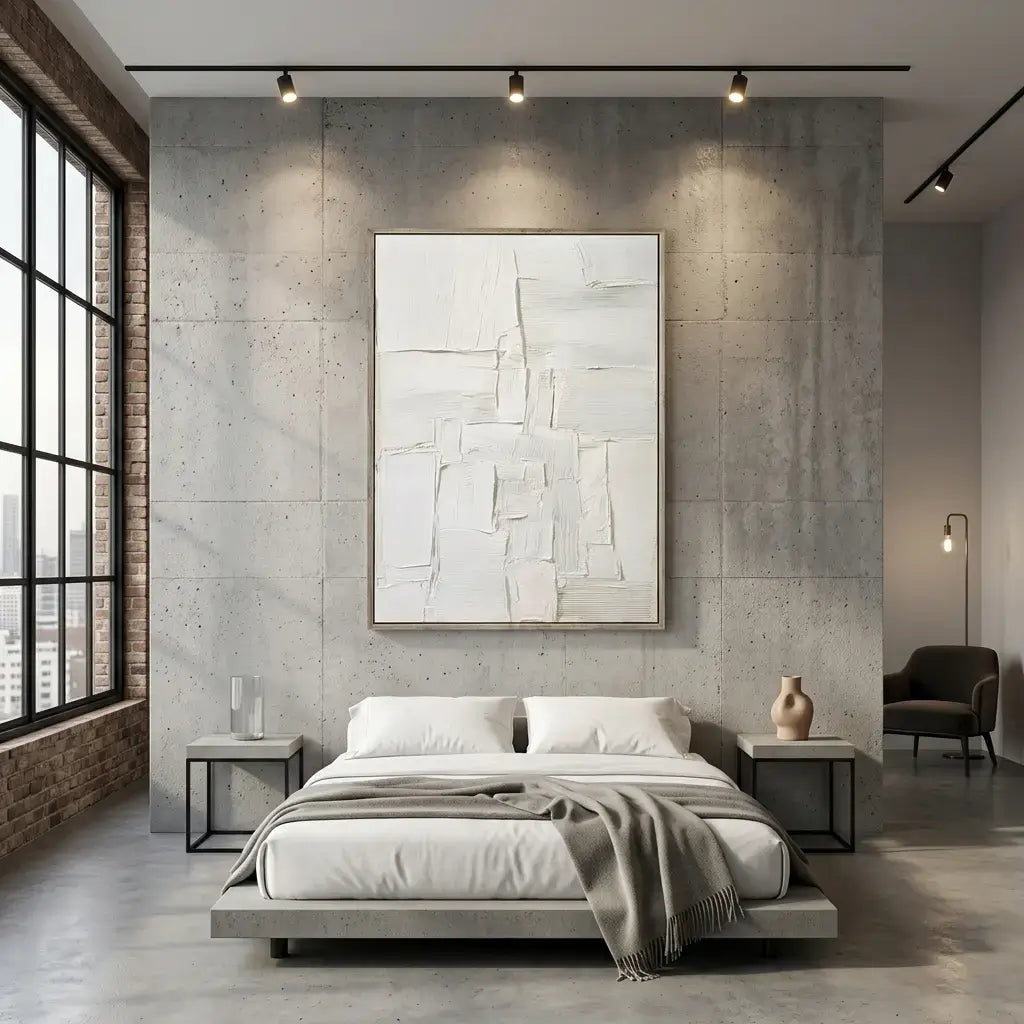 Modern bedroom with concrete wall, abstract art, and minimal decor.