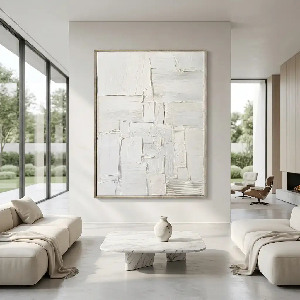 Modern living room with abstract artwork on a white wall