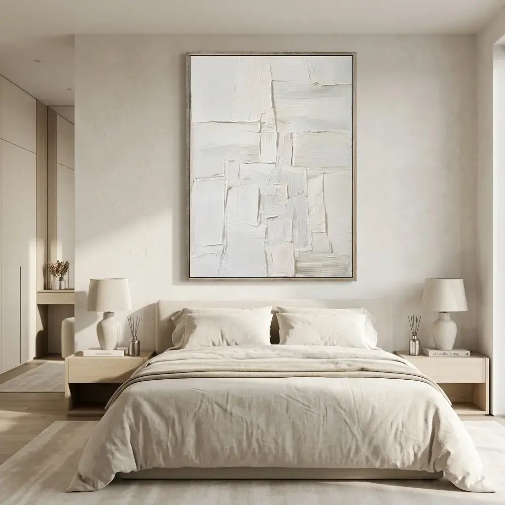 Modern bedroom with a bed, nightstands, and abstract art on the wall.