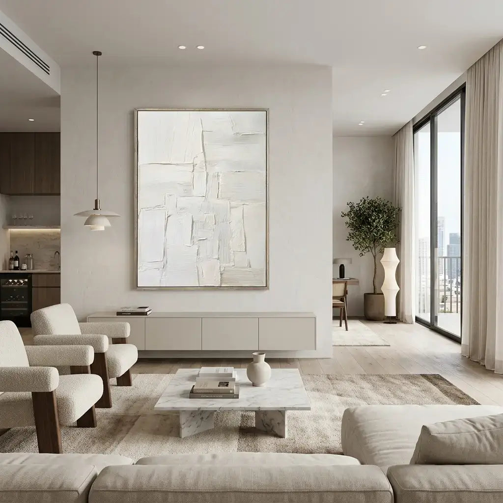 Modern living room with neutral tones, artwork on the wall, and a large window.