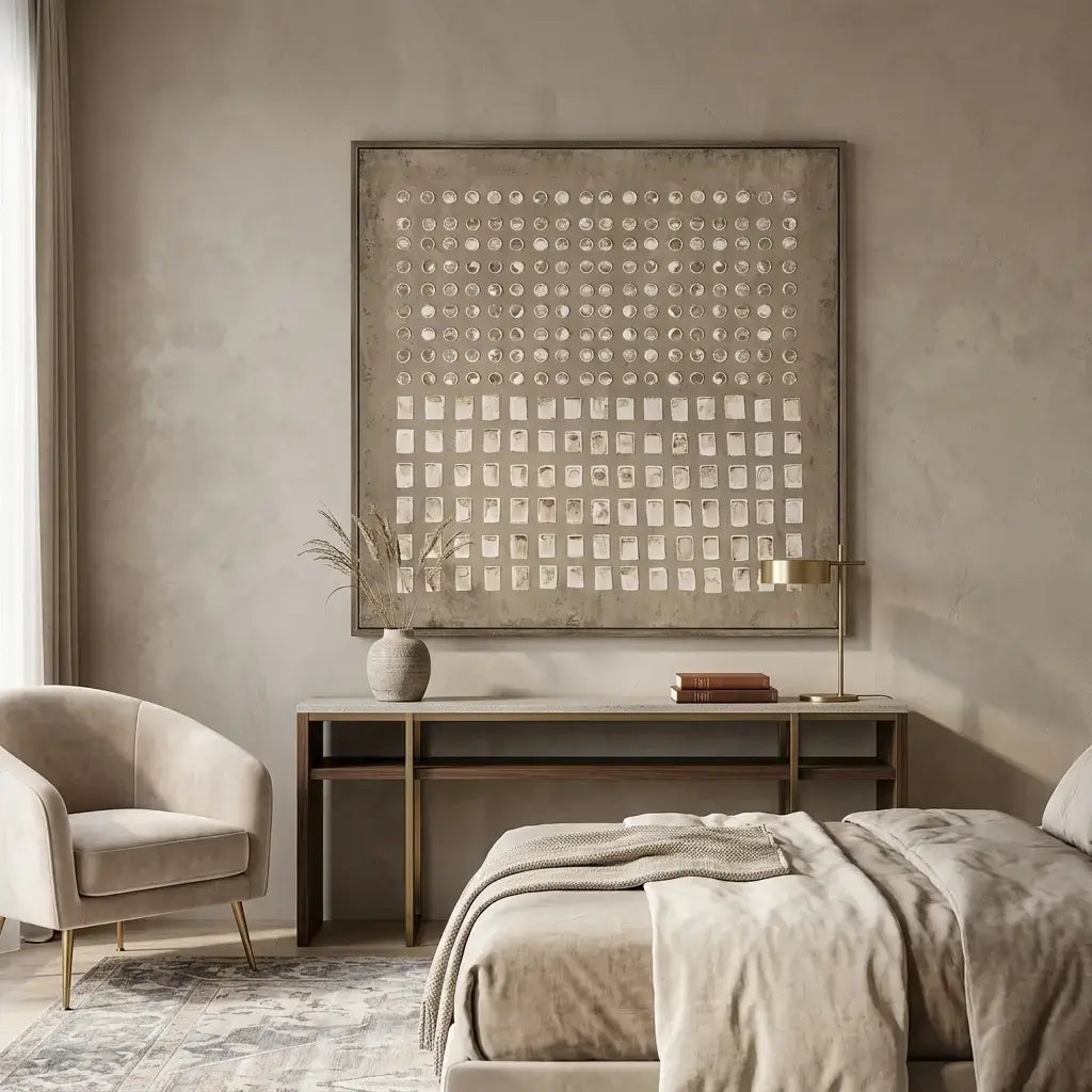 Modern bedroom with a large abstract wall art piece, bed, and armchair.