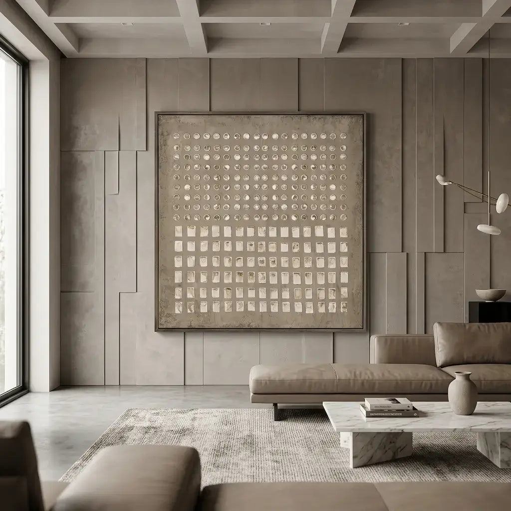 Modern living room with a large abstract painting on a textured wall.