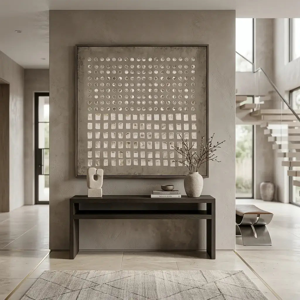 Modern interior with a console table, decorative items, and a large abstract painting.