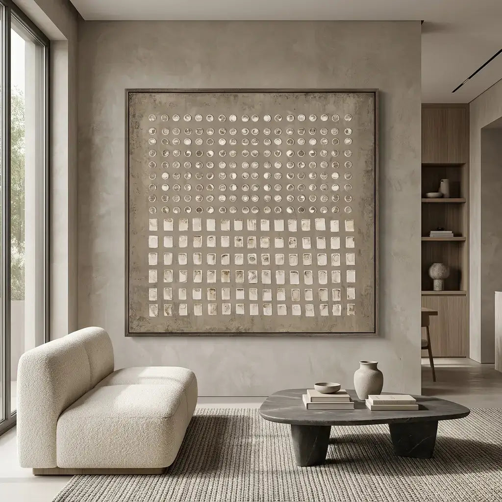 Modern living room with a textured wall, sofa, and coffee table.