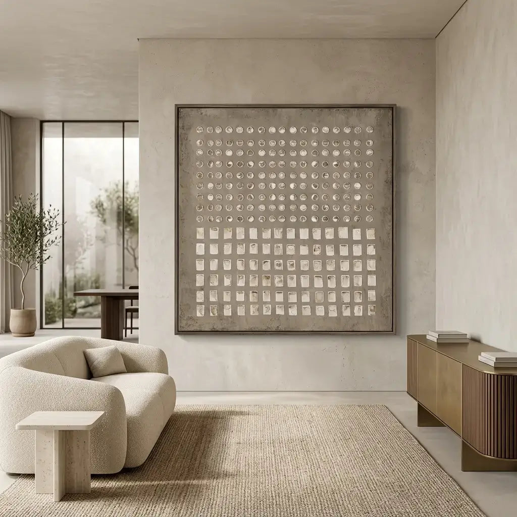 Modern living room with a large abstract painting on the wall, a beige sofa, and a wooden side table.