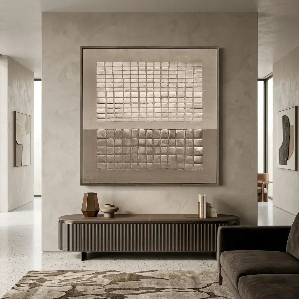 Modern living room with a decorative wall piece and furniture.