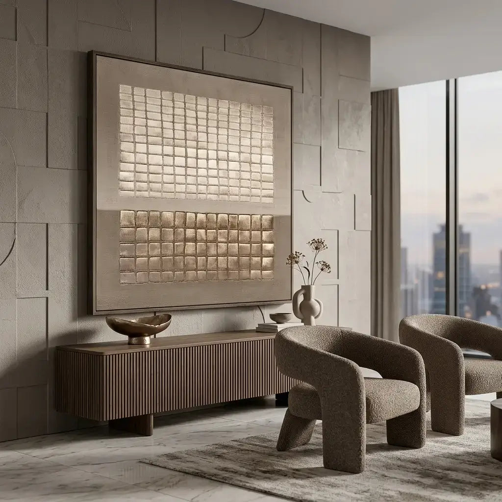 Modern living room with a decorative wall piece and two armchairs.