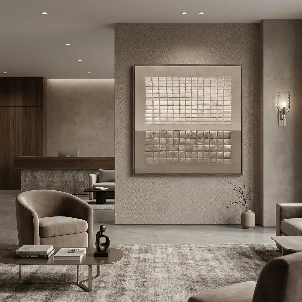 Modern living room with a textured wall art piece and neutral color scheme.