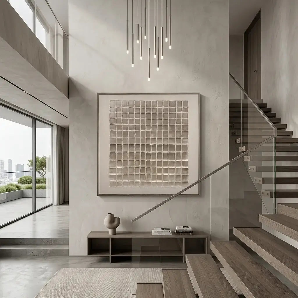 Modern interior with staircase, abstract artwork, and city view